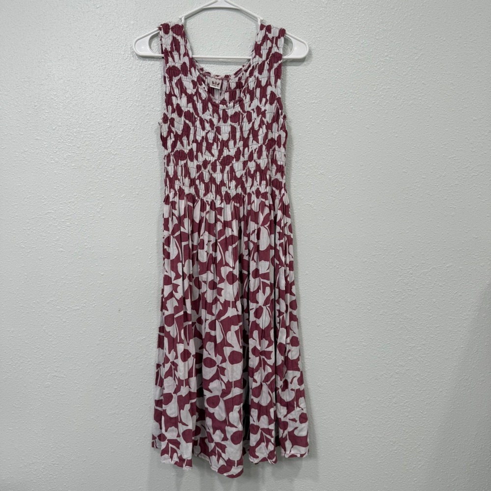 Pineapple Isle Womens Smocked Midi Dress Maroon White Floral Abstract Sleeveless